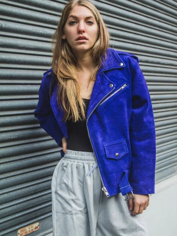 Womens Blue Cobalt Suede Biker Jacket In Oversized Fit