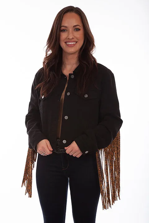 Women's Honey Creek Jacket Collection: Black Denim Leopard Print Fringe