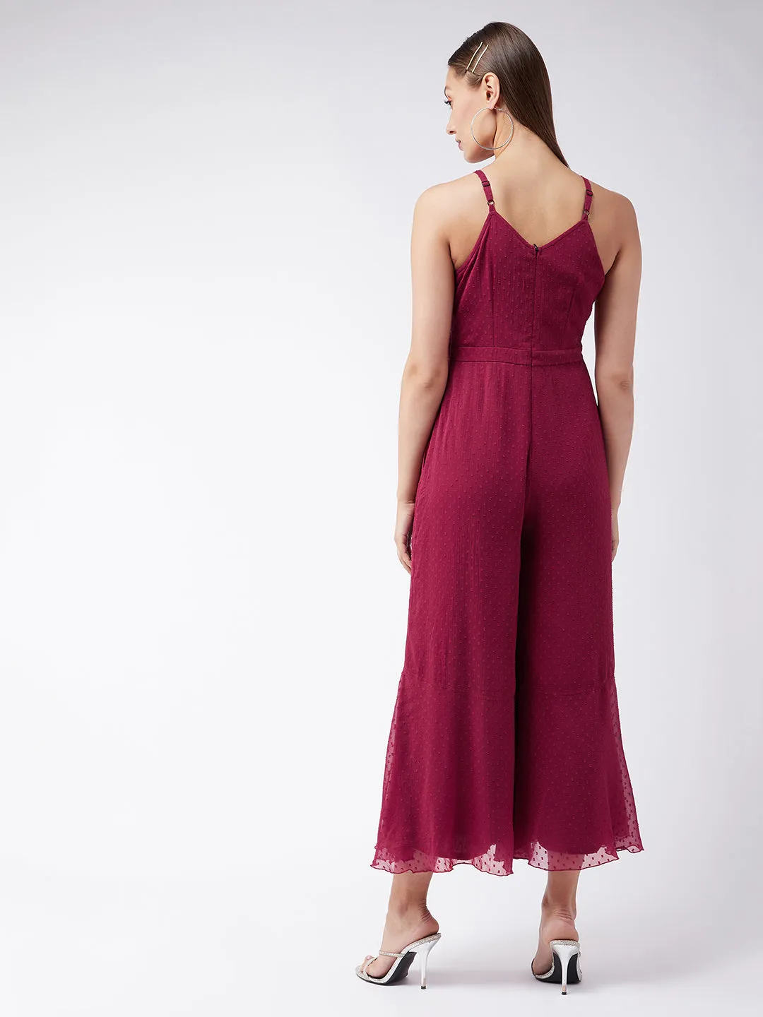 Women's Maroon Halter Neck Sleeveless Solid Ruffled Regular Jumpsuit