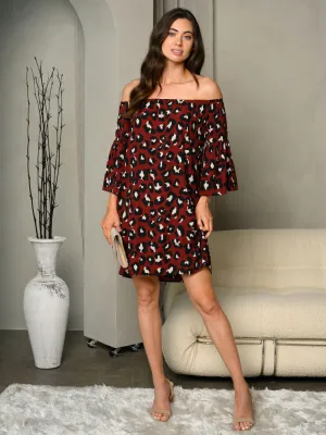 WOMEN'S OFF SHOULDER ANIMAL PRINT BELL SLEEVE MINI DRESS
