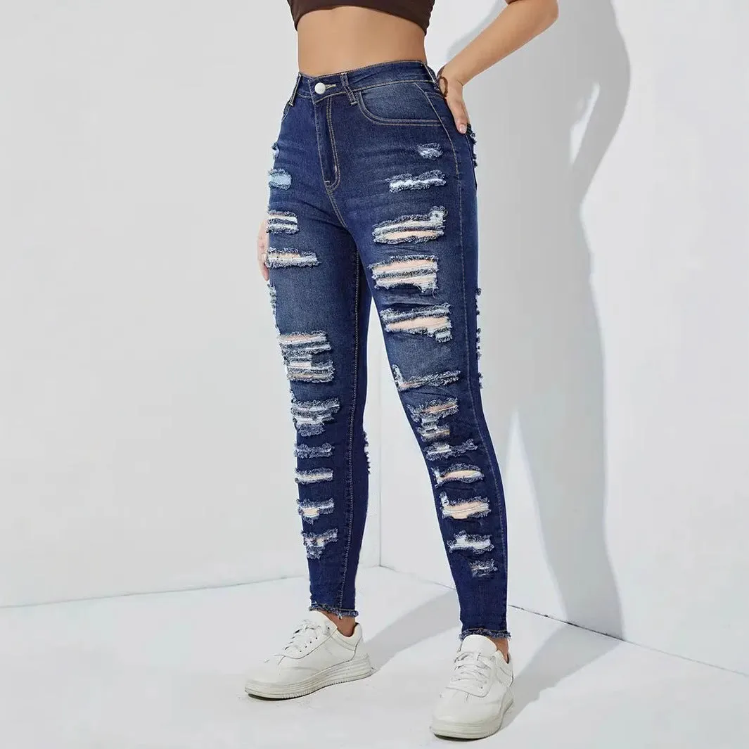 Women's Ripped Frayed Stretch Denim Skinny Pants