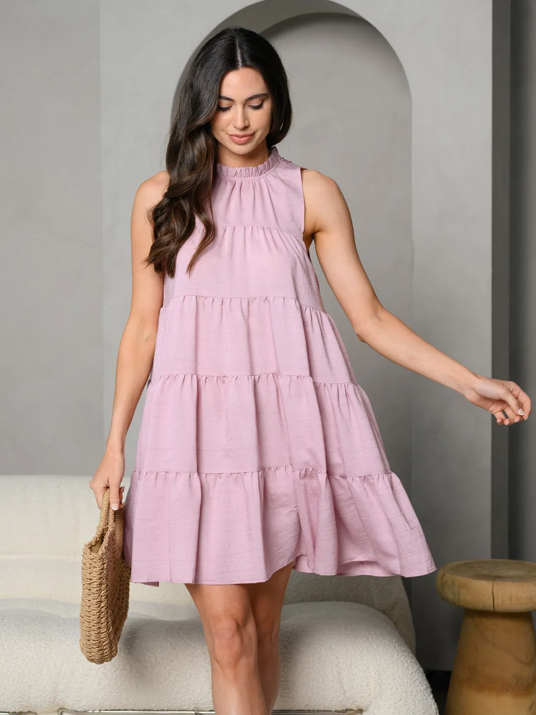 WOMEN'S RUFFLE NECK WITH BACK TIE STRAP SLEEVELESS TIERED MINI DRESS