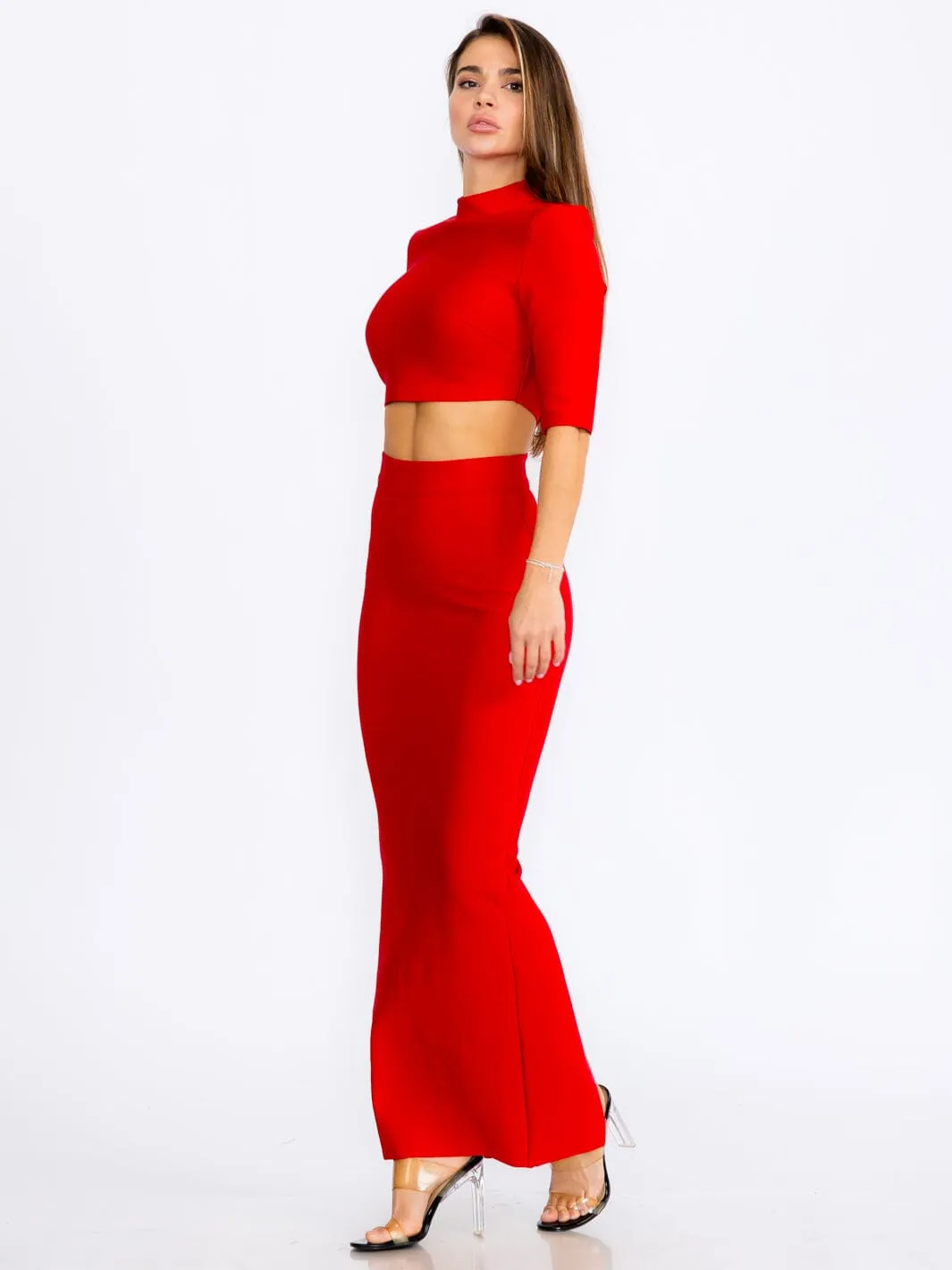 WOMEN'S SHORT SLEEVE CROP TOP & ZIP UP PENCIL MAXI SKIRT BANDAGE 2PC.SET