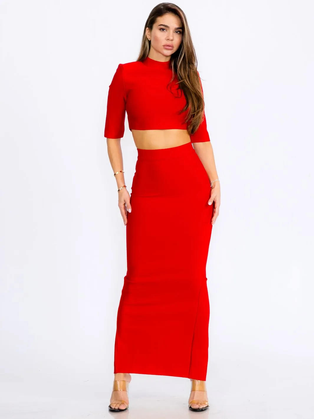 WOMEN'S SHORT SLEEVE CROP TOP & ZIP UP PENCIL MAXI SKIRT BANDAGE 2PC.SET