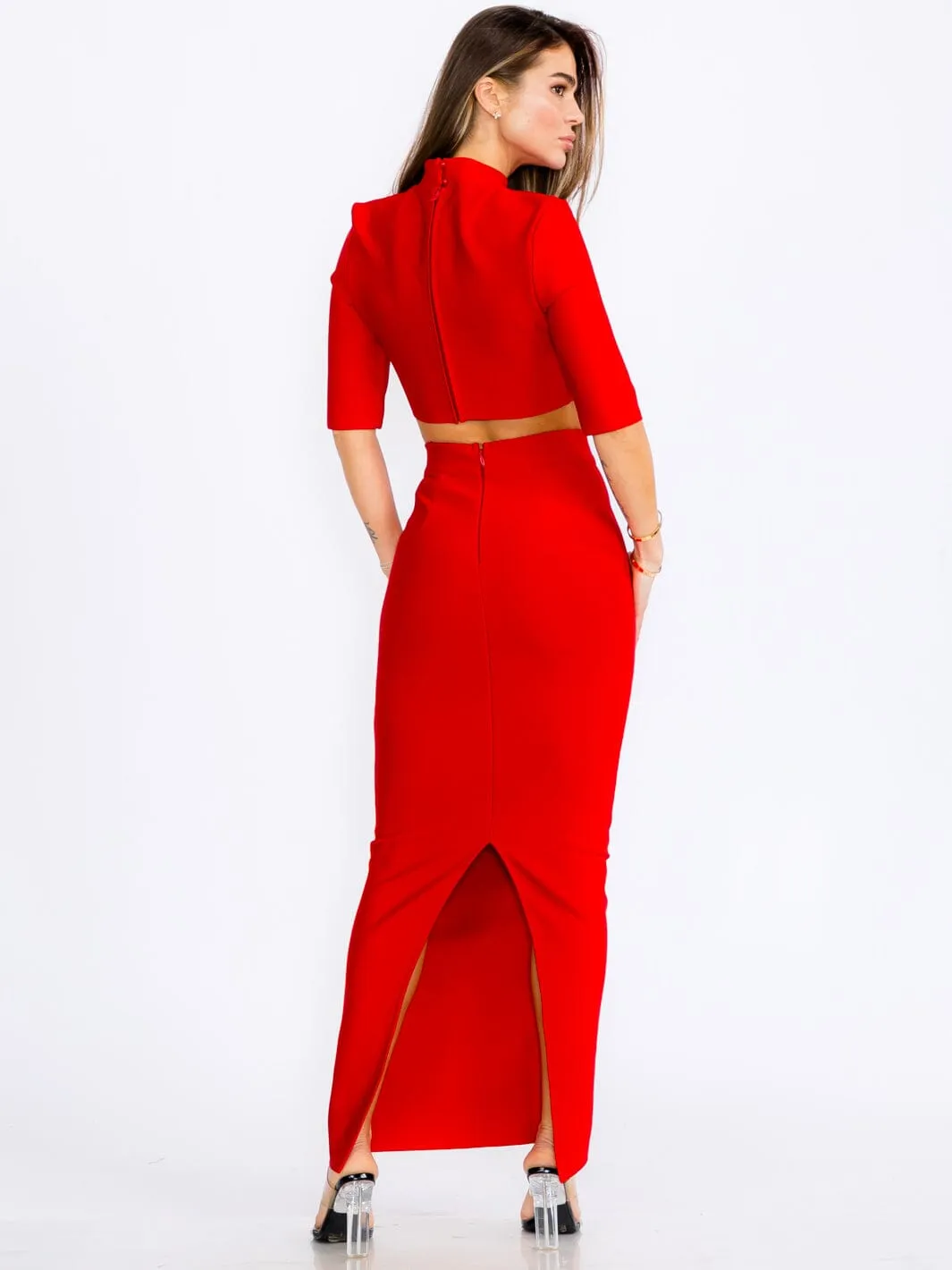 WOMEN'S SHORT SLEEVE CROP TOP & ZIP UP PENCIL MAXI SKIRT BANDAGE 2PC.SET