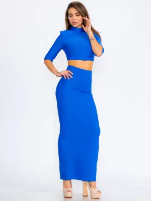 WOMEN'S SHORT SLEEVE CROP TOP & ZIP UP PENCIL MAXI SKIRT BANDAGE 2PC.SET