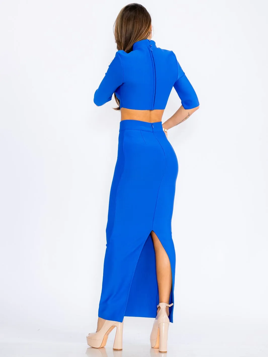 WOMEN'S SHORT SLEEVE CROP TOP & ZIP UP PENCIL MAXI SKIRT BANDAGE 2PC.SET
