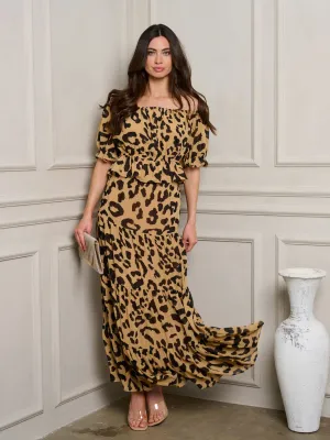 WOMEN'S SHORT SLEEVE PEPLUM TOP & TIERED MAXI SKIRT ANIMAL PRINT SET