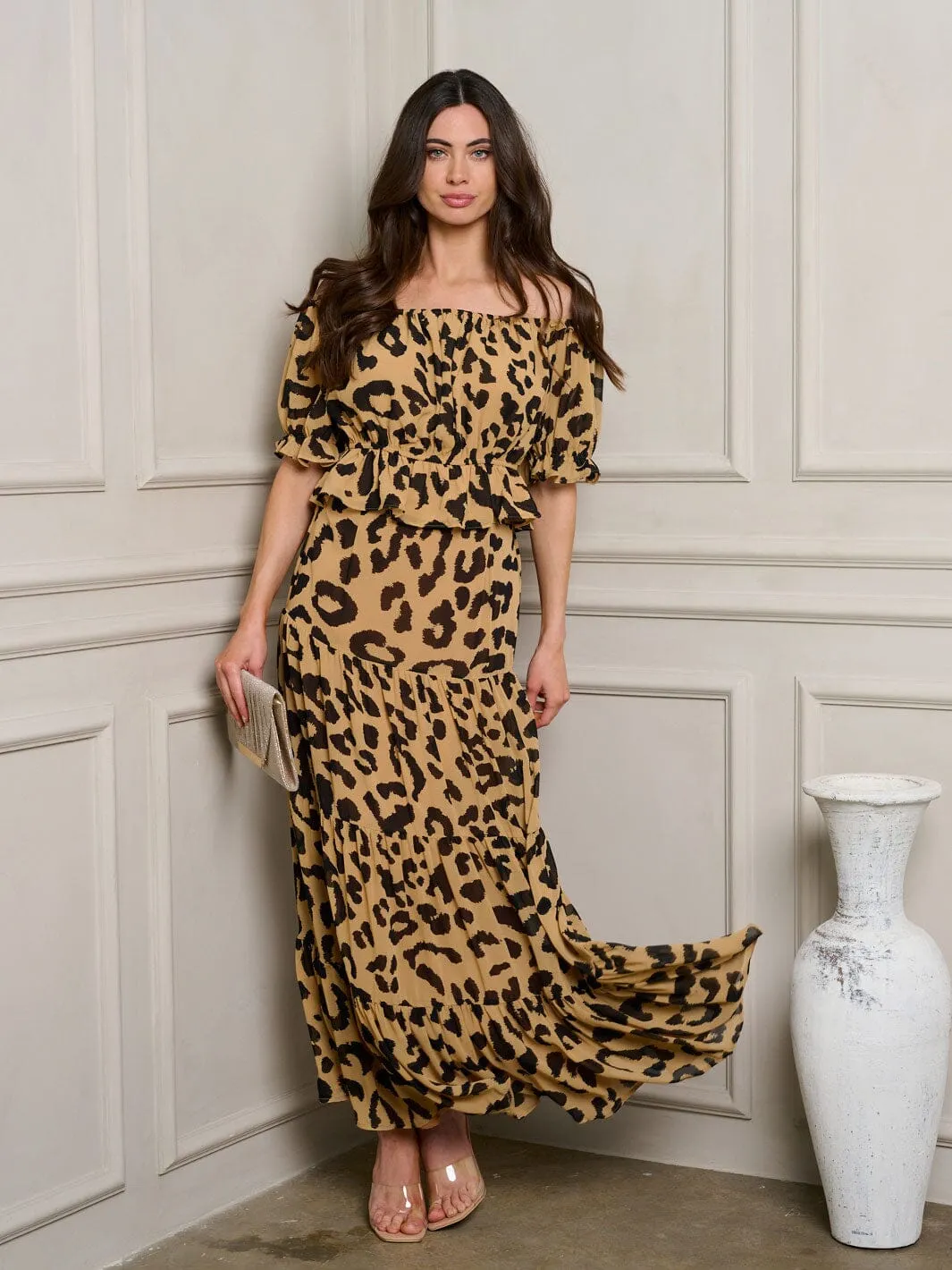 WOMEN'S SHORT SLEEVE PEPLUM TOP & TIERED MAXI SKIRT ANIMAL PRINT SET