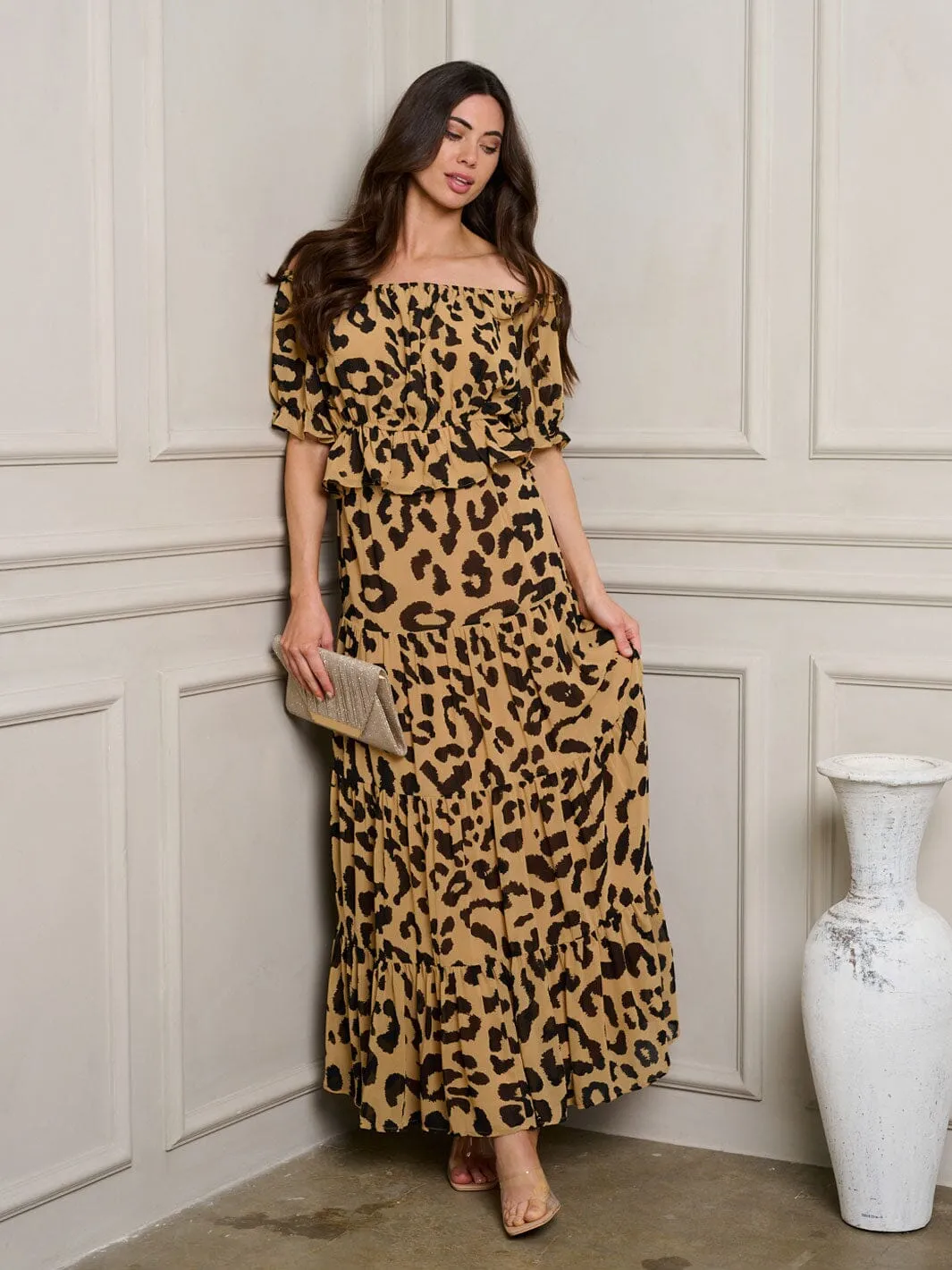 WOMEN'S SHORT SLEEVE PEPLUM TOP & TIERED MAXI SKIRT ANIMAL PRINT SET