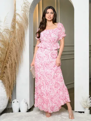 WOMEN'S SHORT SLEEVE PEPLUM TOP & TIERED MAXI SKIRT PAISLEY PRINT SET