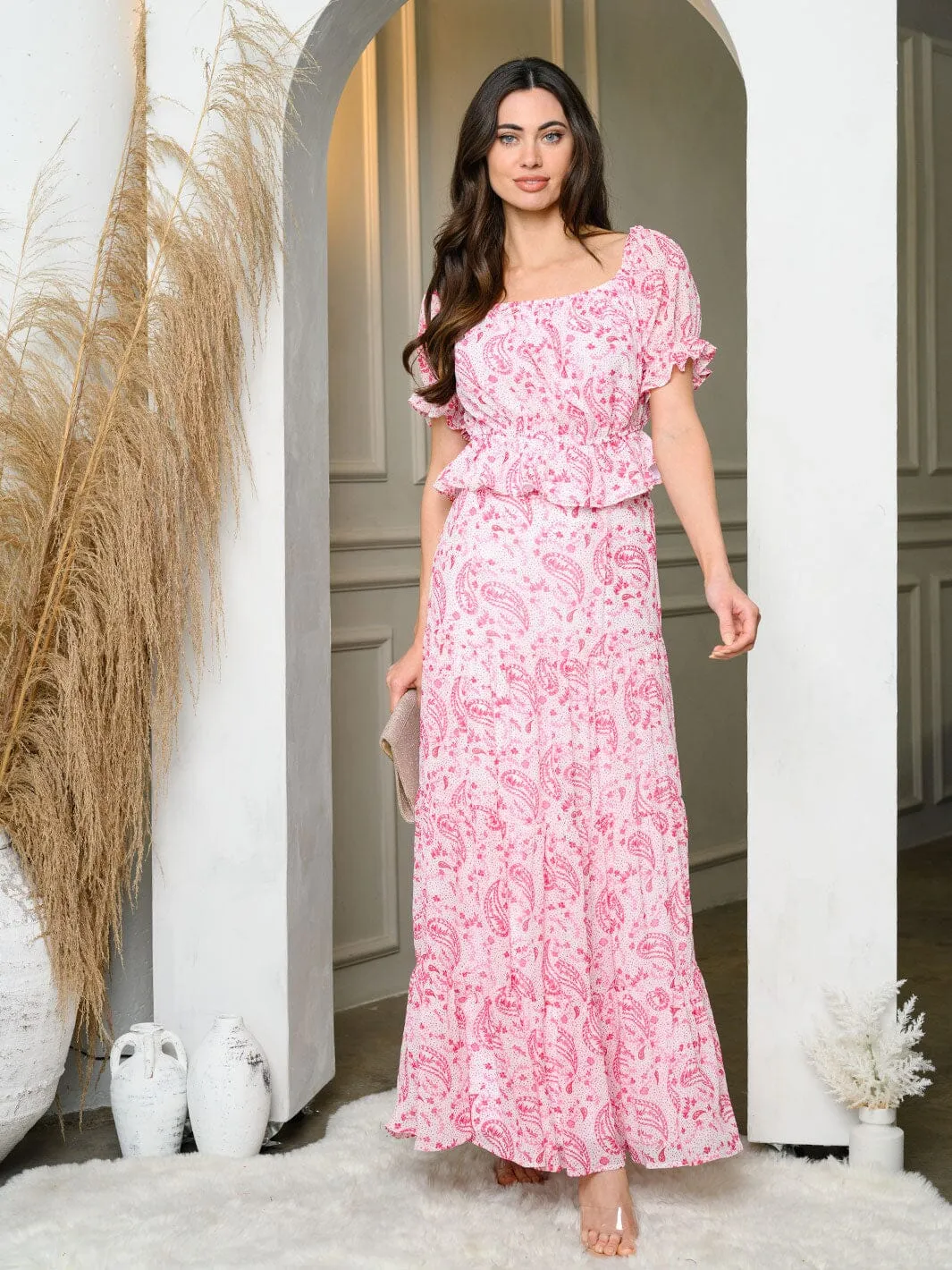 WOMEN'S SHORT SLEEVE PEPLUM TOP & TIERED MAXI SKIRT PAISLEY PRINT SET