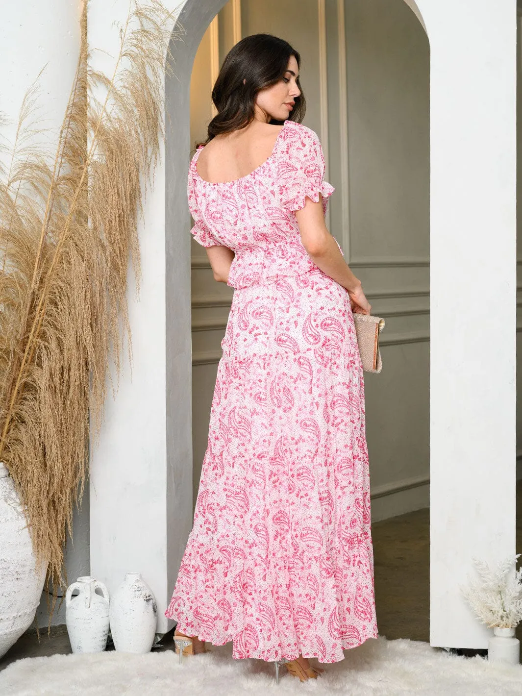 WOMEN'S SHORT SLEEVE PEPLUM TOP & TIERED MAXI SKIRT PAISLEY PRINT SET