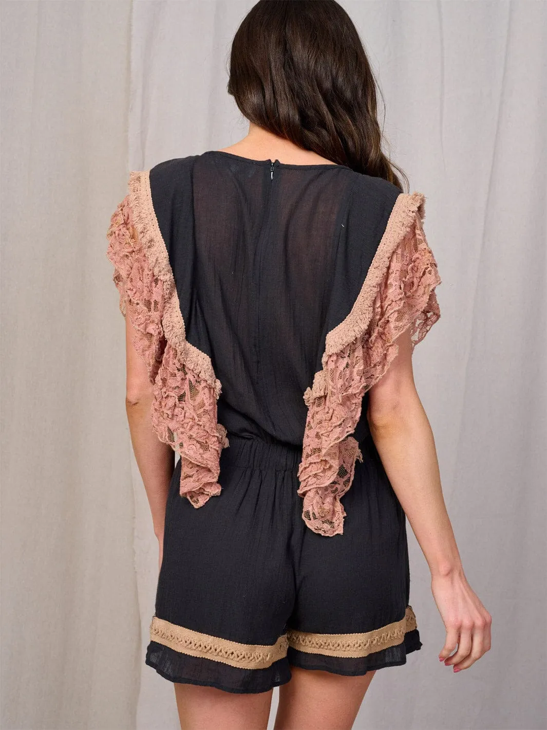 WOMEN'S SHORT SLEEVE SELF TIE LACE EMBROIDERY ROMPER