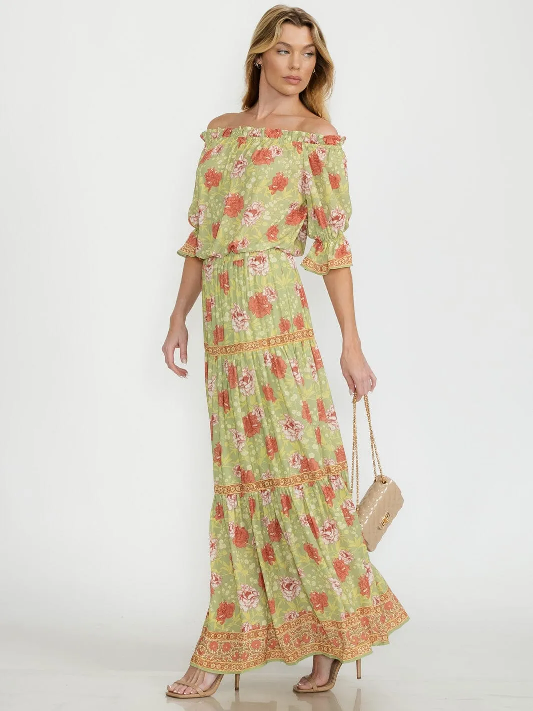 WOMEN'S SHORT SLEEVE TOP & ELASTIC WAIST MAXI SKIRT FLORAL 2PC.SET