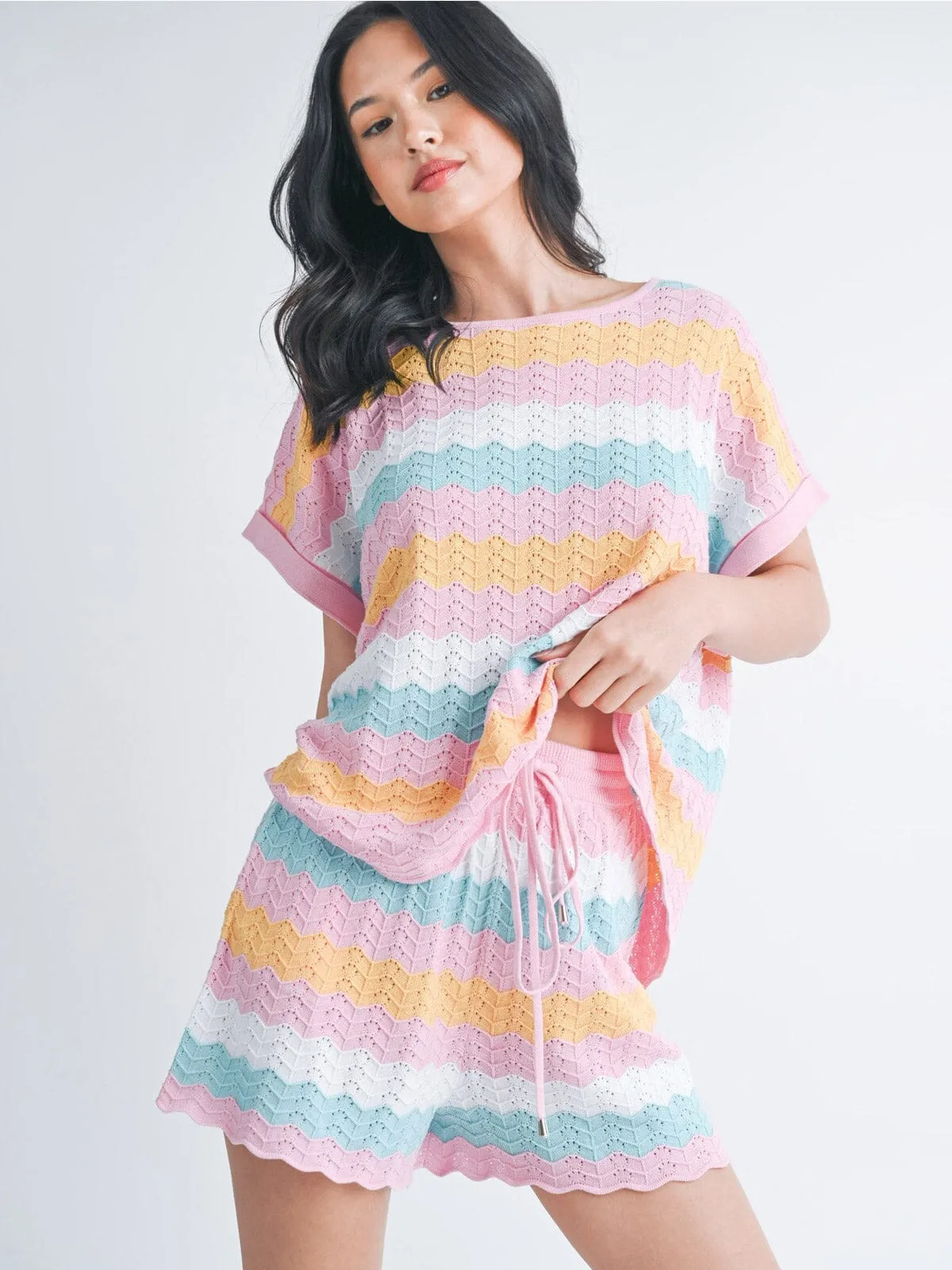 WOMEN'S SHORT SLEEVE TOP & ELASTIC WAIST SHORTS COLORBLOCK KNIT 2PC SET