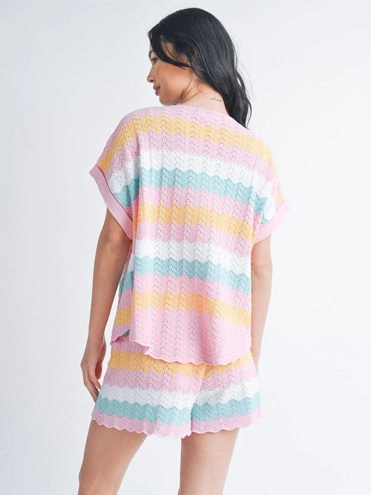 WOMEN'S SHORT SLEEVE TOP & ELASTIC WAIST SHORTS COLORBLOCK KNIT 2PC SET