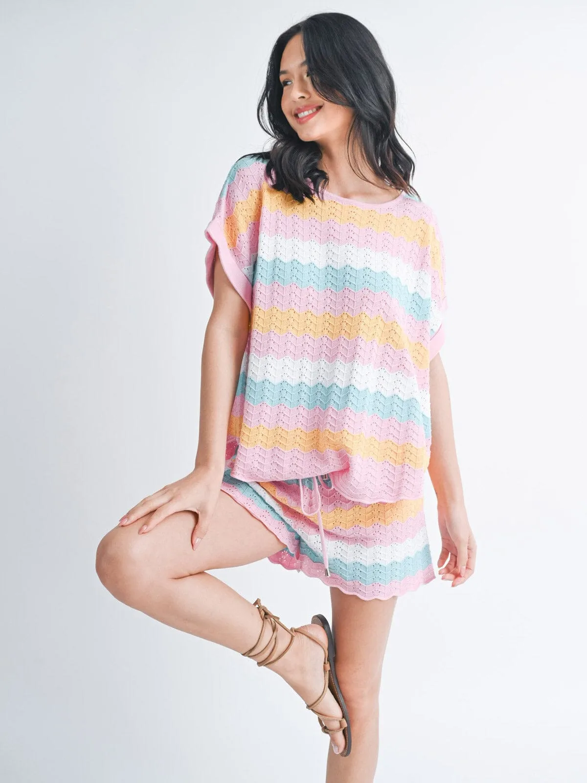 WOMEN'S SHORT SLEEVE TOP & ELASTIC WAIST SHORTS COLORBLOCK KNIT 2PC SET