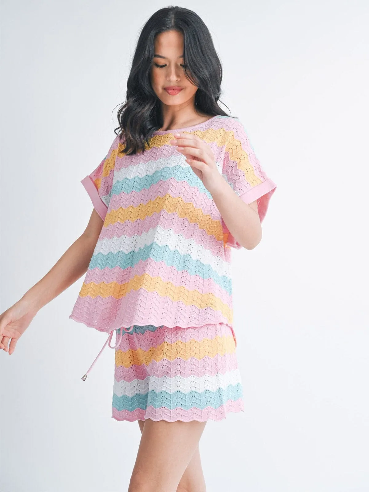 WOMEN'S SHORT SLEEVE TOP & ELASTIC WAIST SHORTS COLORBLOCK KNIT 2PC SET