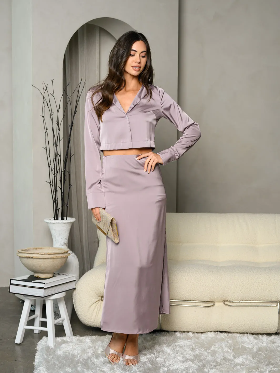 WOMEN'S SILK LONG SLEEVE TOP & MAXI SKIRT SET