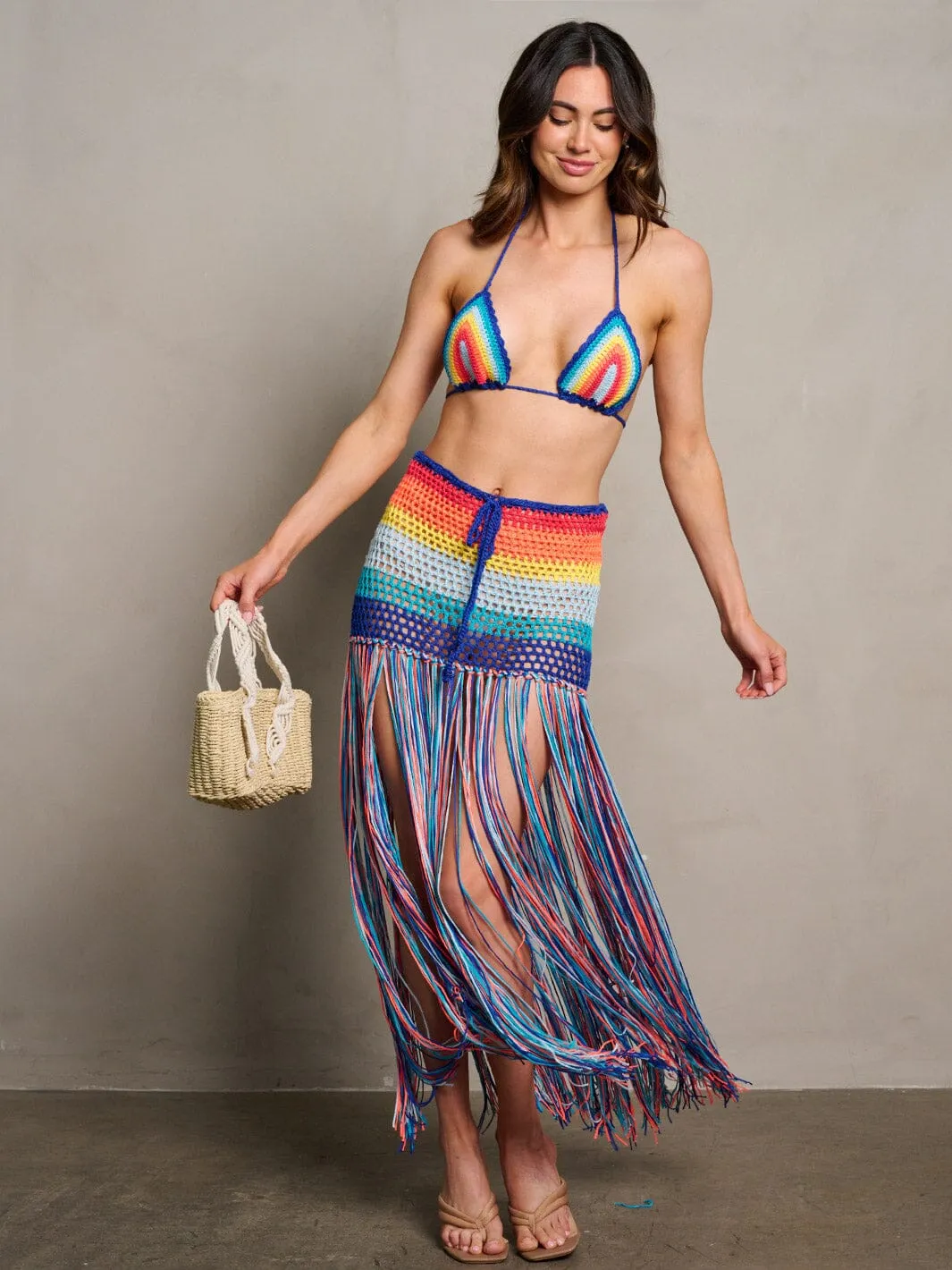 WOMEN'S SLEEVELES CROP TOP & SELF TIE FRINGE MAXI SKIRT COLORBLOCK 2PC. SET