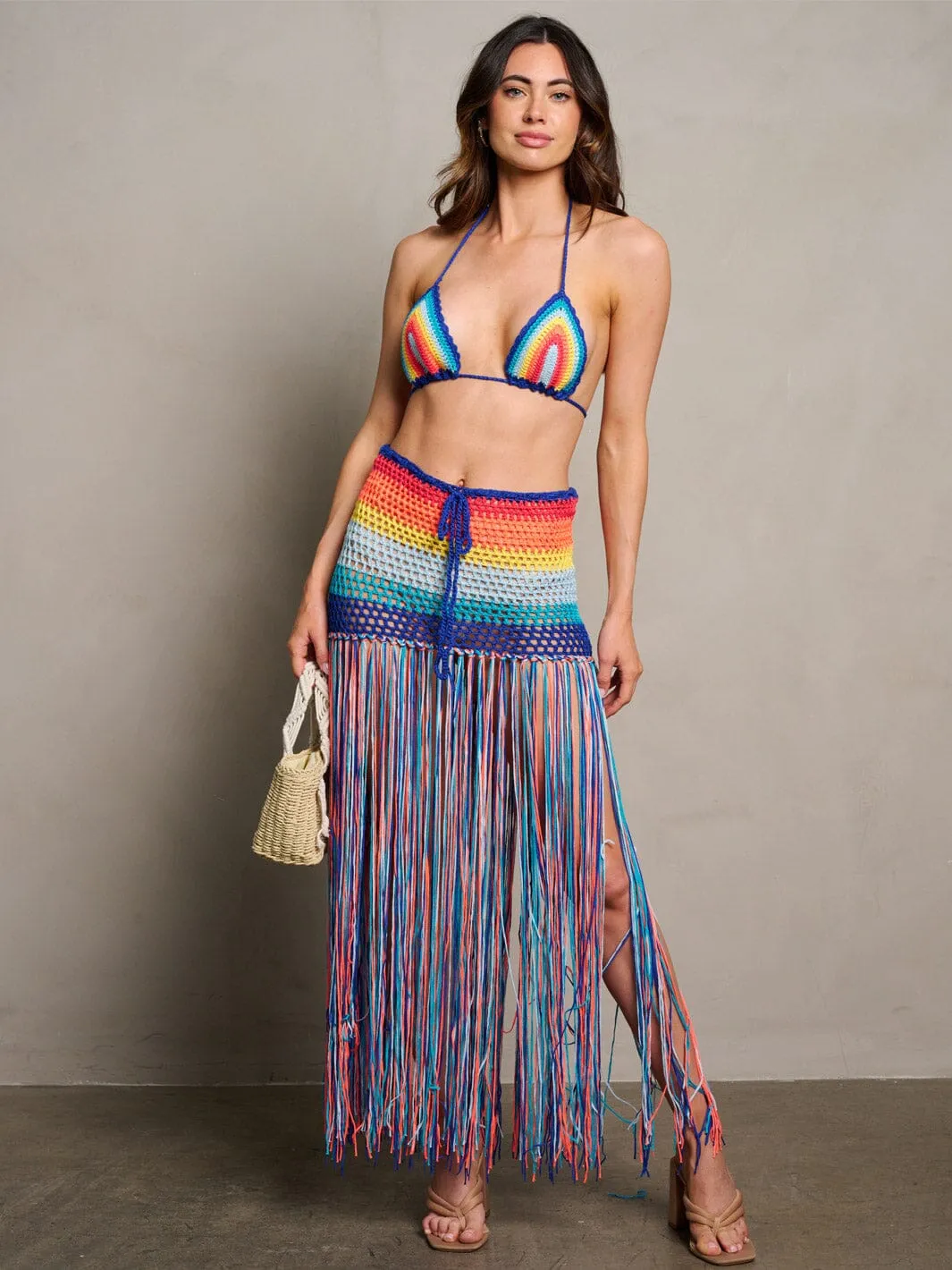 WOMEN'S SLEEVELES CROP TOP & SELF TIE FRINGE MAXI SKIRT COLORBLOCK 2PC. SET