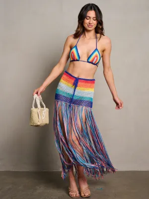 WOMEN'S SLEEVELES CROP TOP & SELF TIE FRINGE MAXI SKIRT COLORBLOCK 2PC. SET