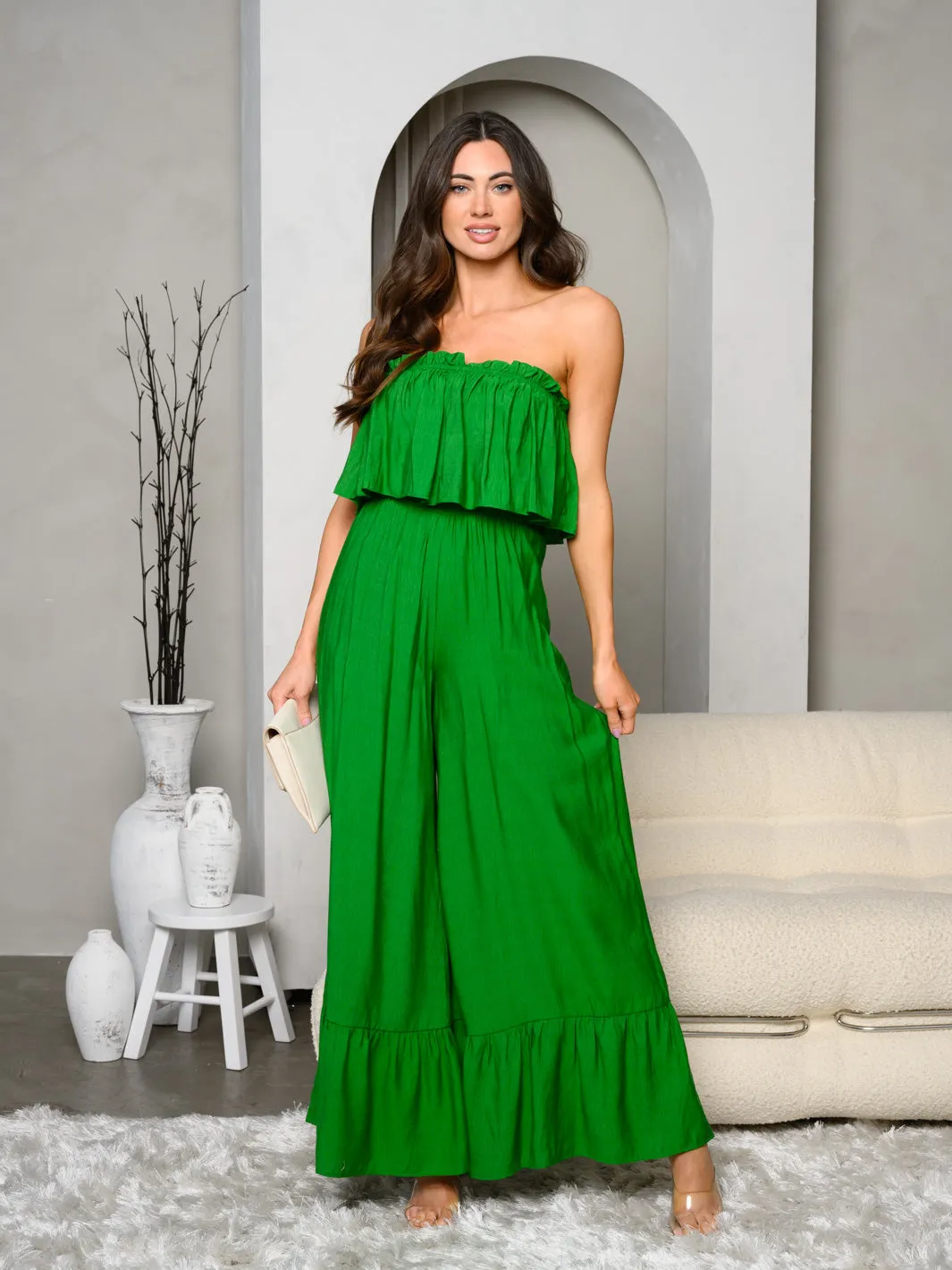 WOMEN'S SLEEVELESS RUFFLE SOLID JUMPSUIT
