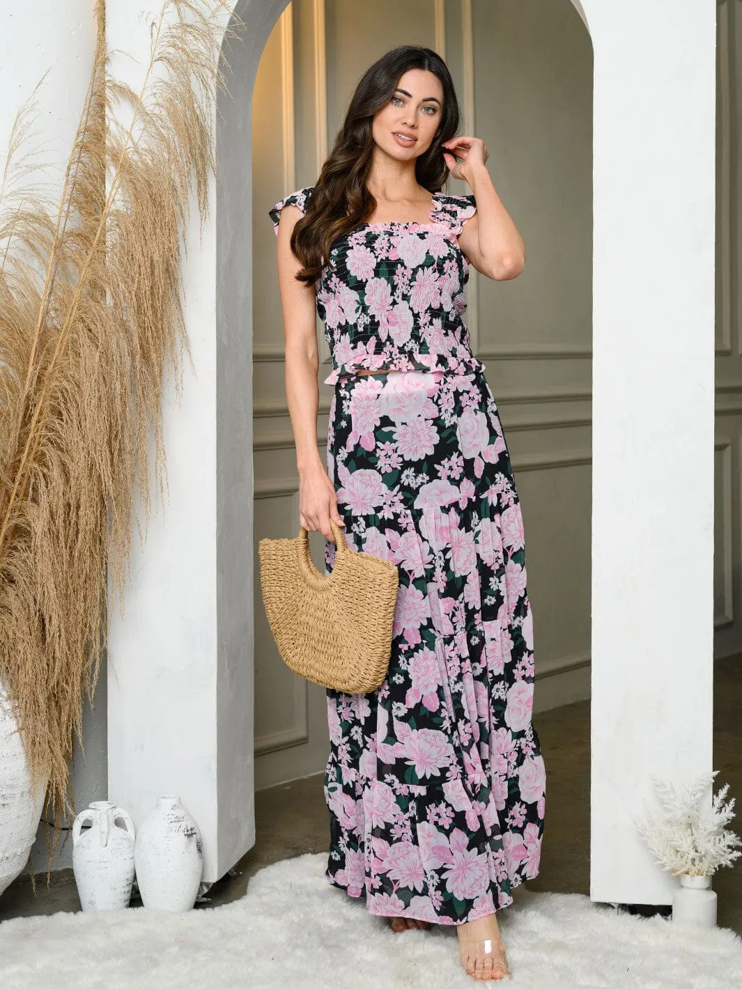 WOMEN'S SLEEVELESS SMOCK TOP & TIERED MAXI SKIRT FLORAL SET