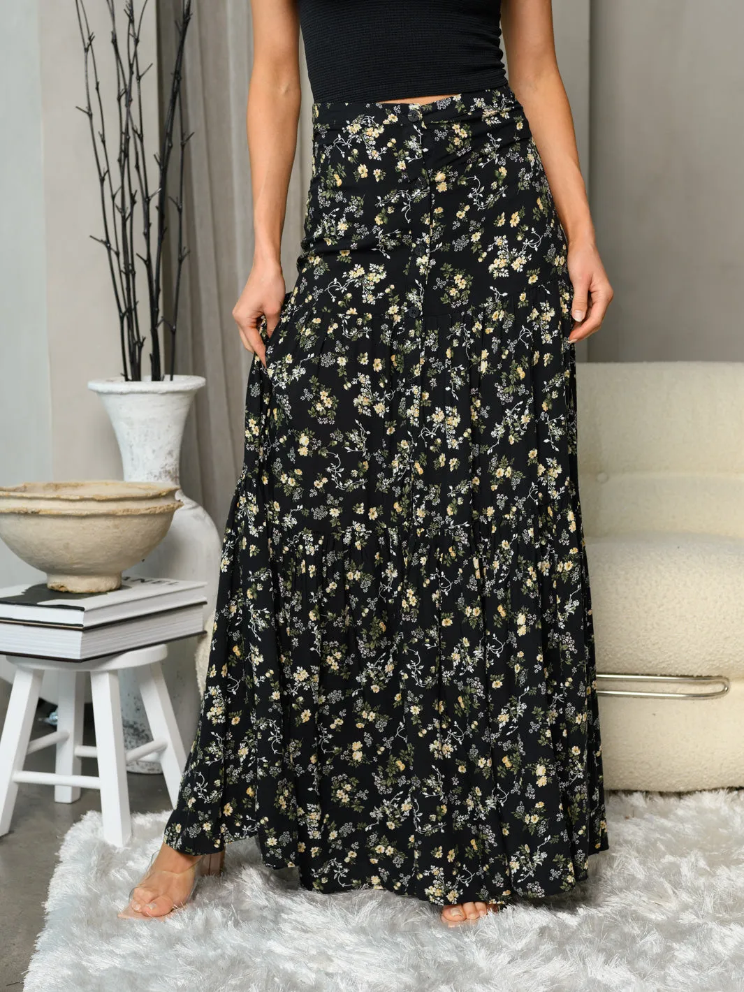 WOMEN'S TIERED BUTTON UP FLORAL MAXI SKIRT