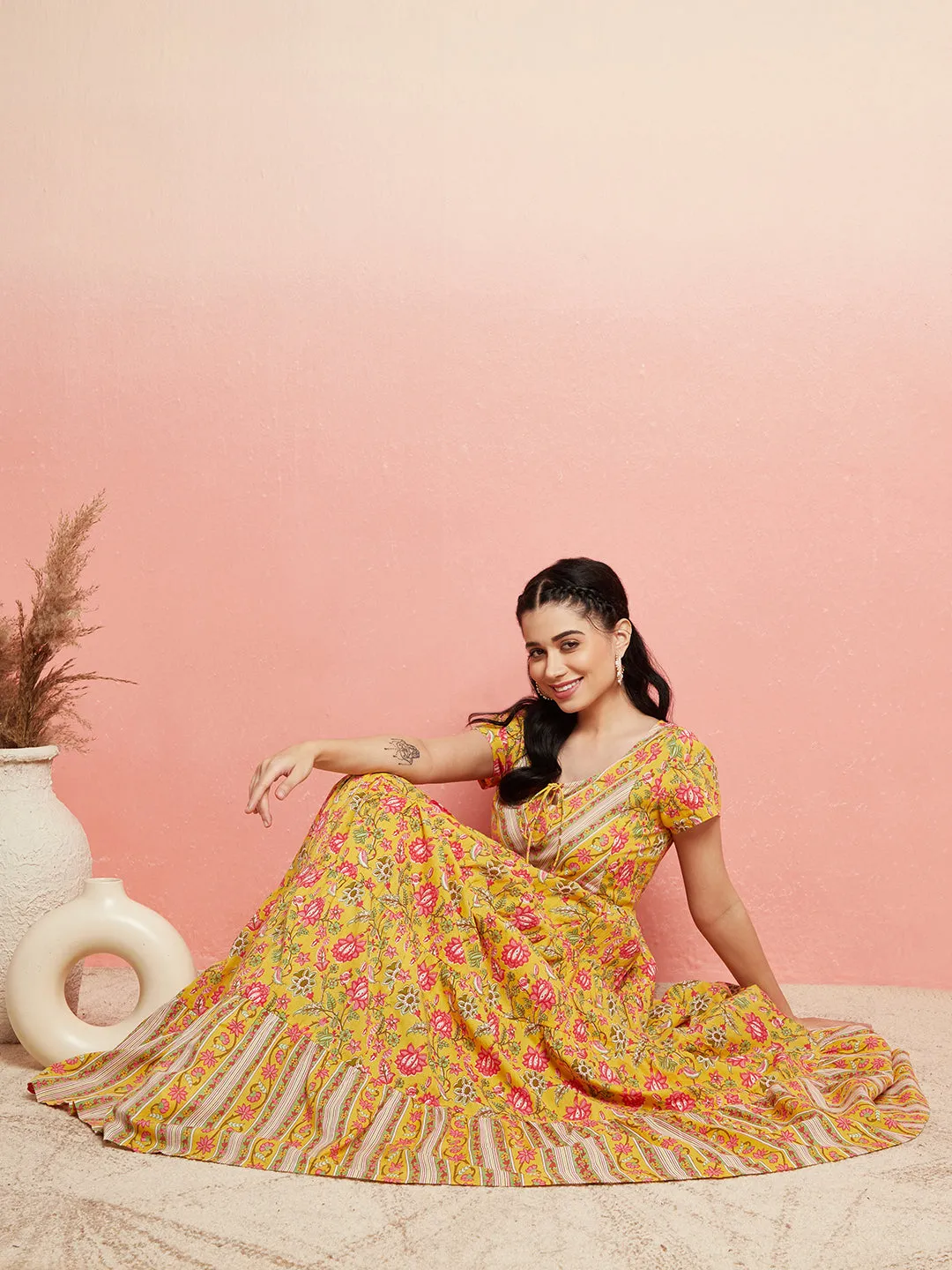 Yellow Floral Print Tiered Maxi Dress