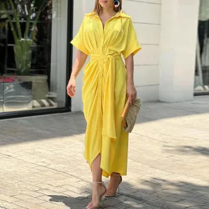 Yellow Maxi Shirt Dress with Robe Detailing