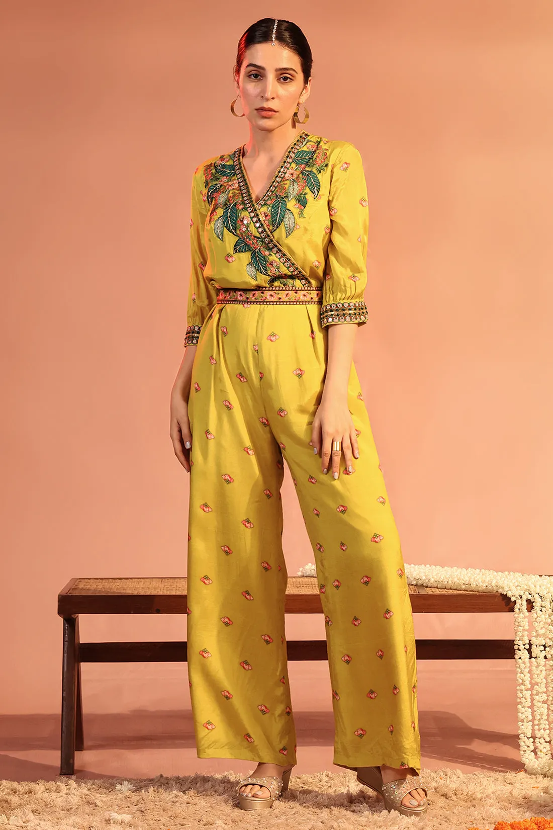 Yellow tamaya embellished overlap jumpsuit with belt