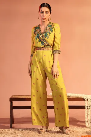 Yellow tamaya embellished overlap jumpsuit with belt