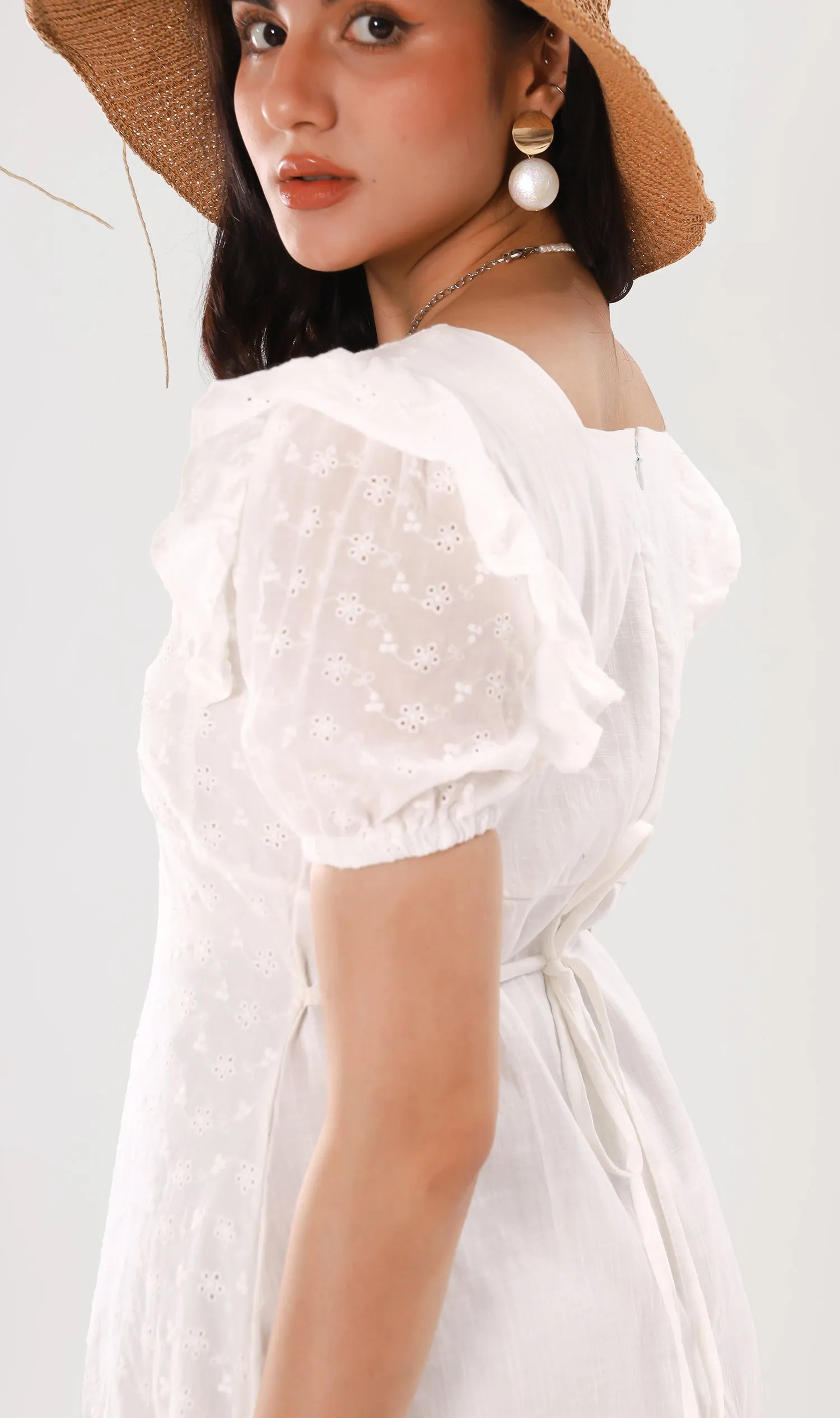 YUKI Ruffled-Sleeve Eyelet Dress