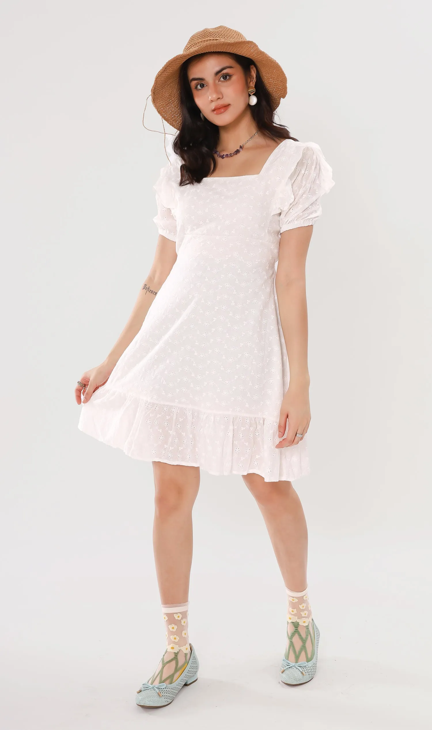 YUKI Ruffled-Sleeve Eyelet Dress