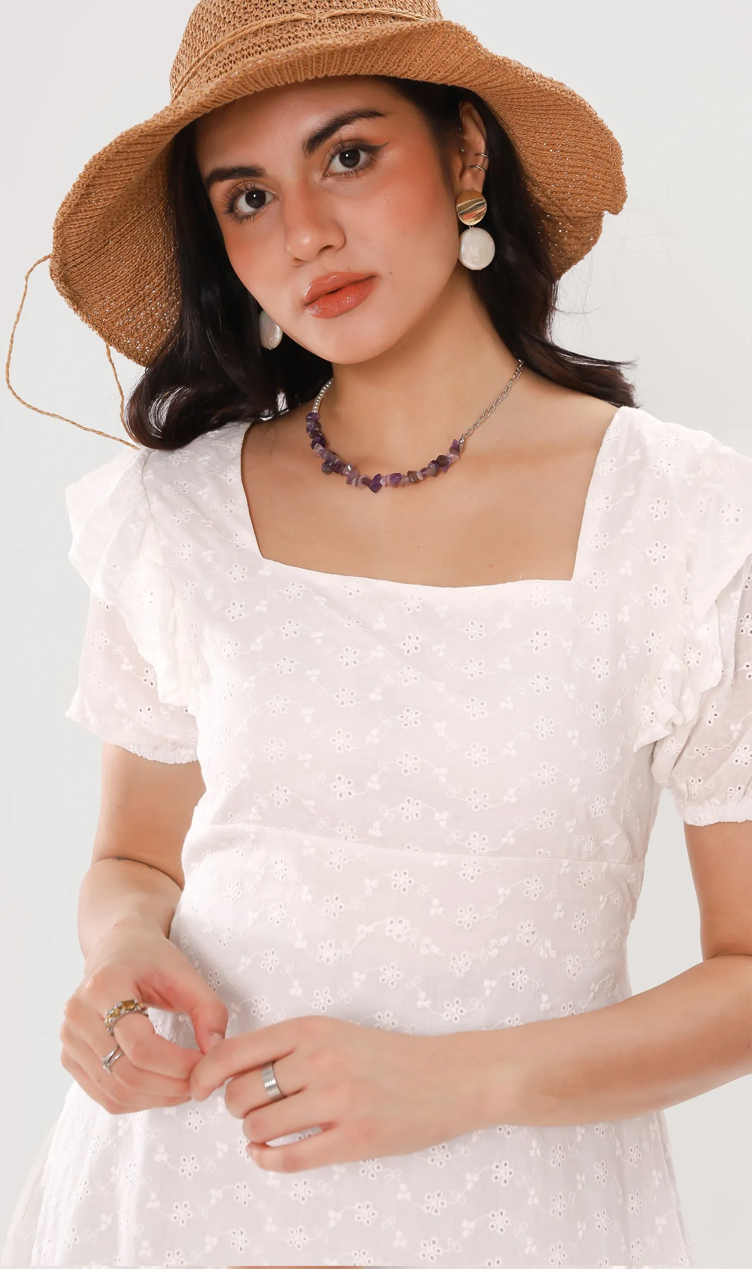 YUKI Ruffled-Sleeve Eyelet Dress