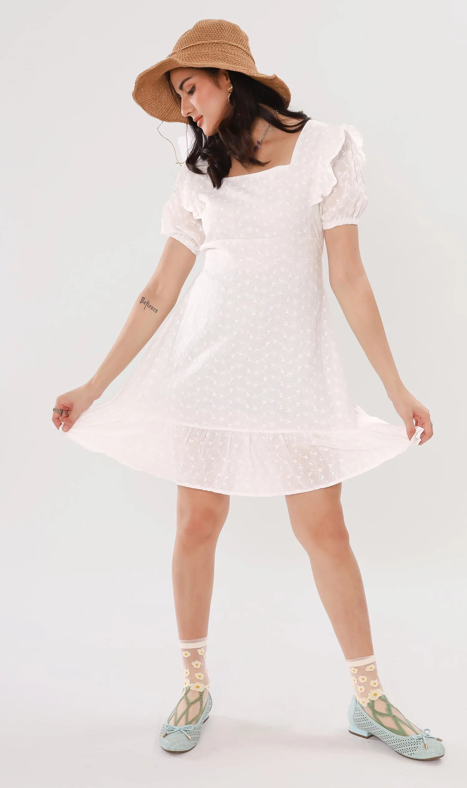 YUKI Ruffled-Sleeve Eyelet Dress