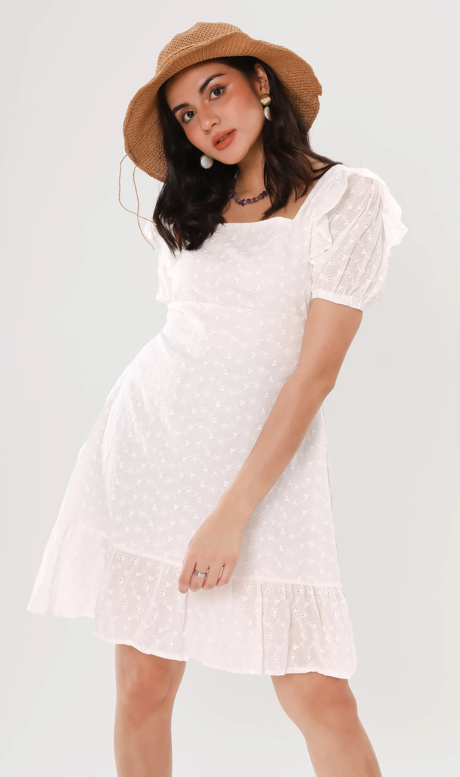 YUKI Ruffled-Sleeve Eyelet Dress