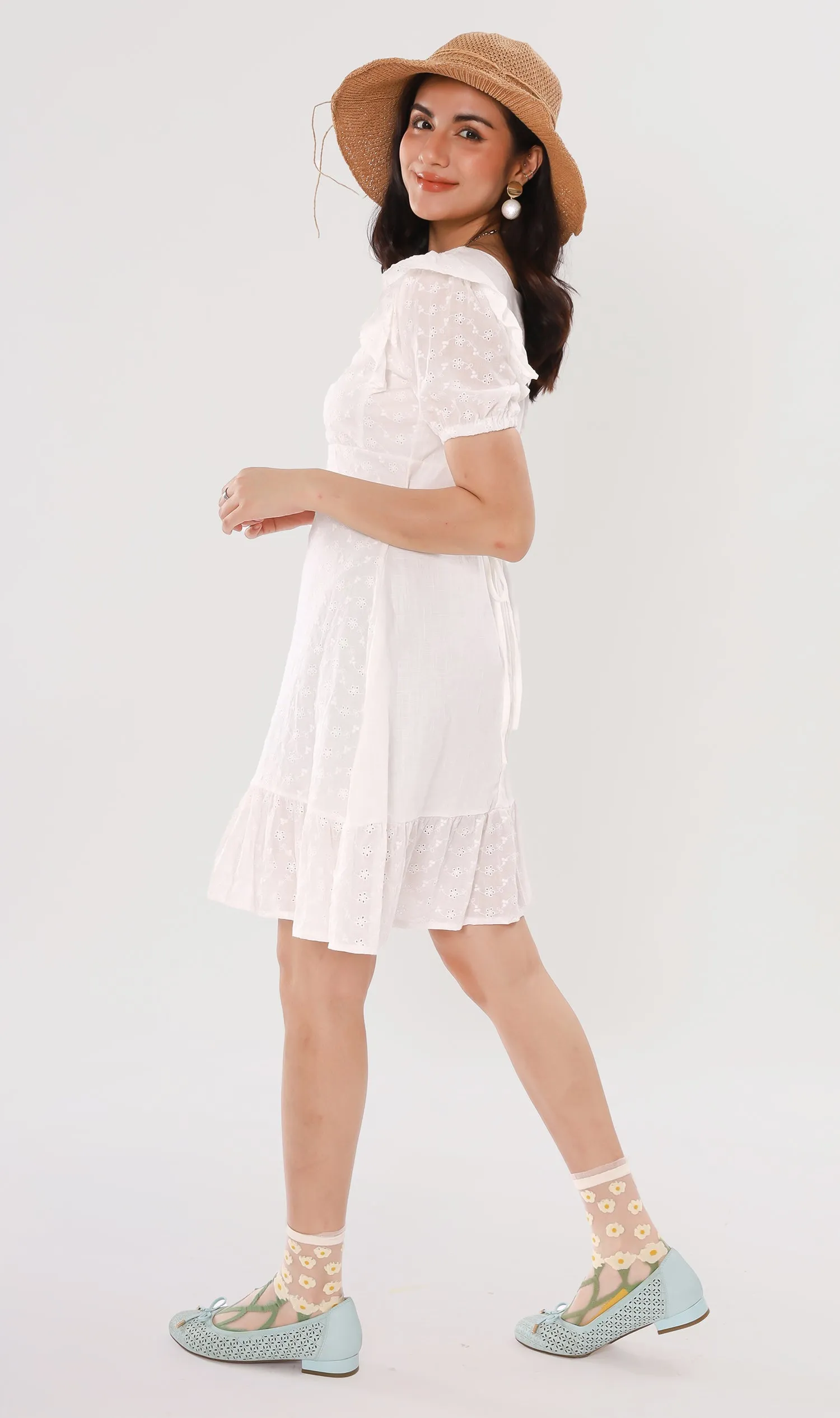 YUKI Ruffled-Sleeve Eyelet Dress
