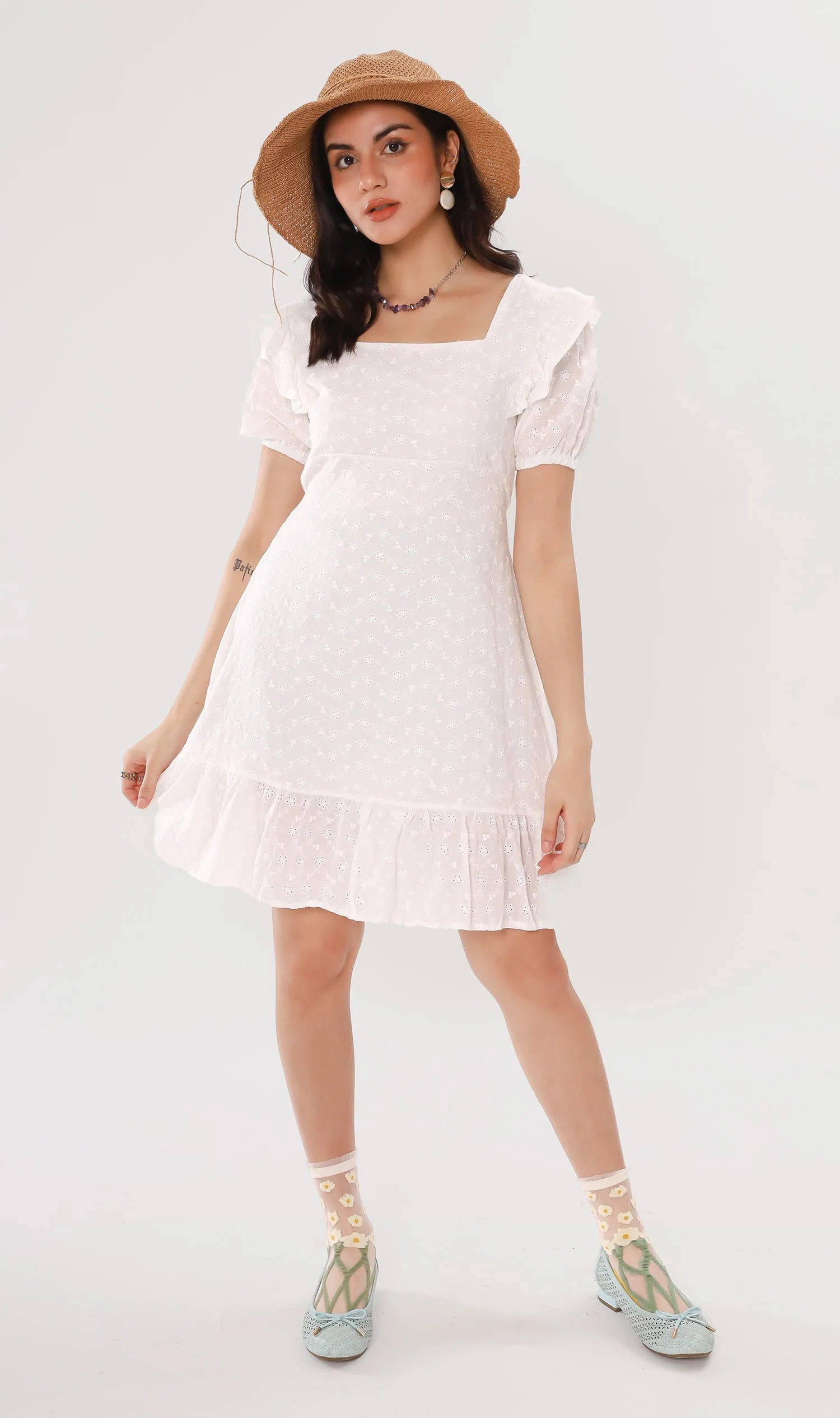YUKI Ruffled-Sleeve Eyelet Dress