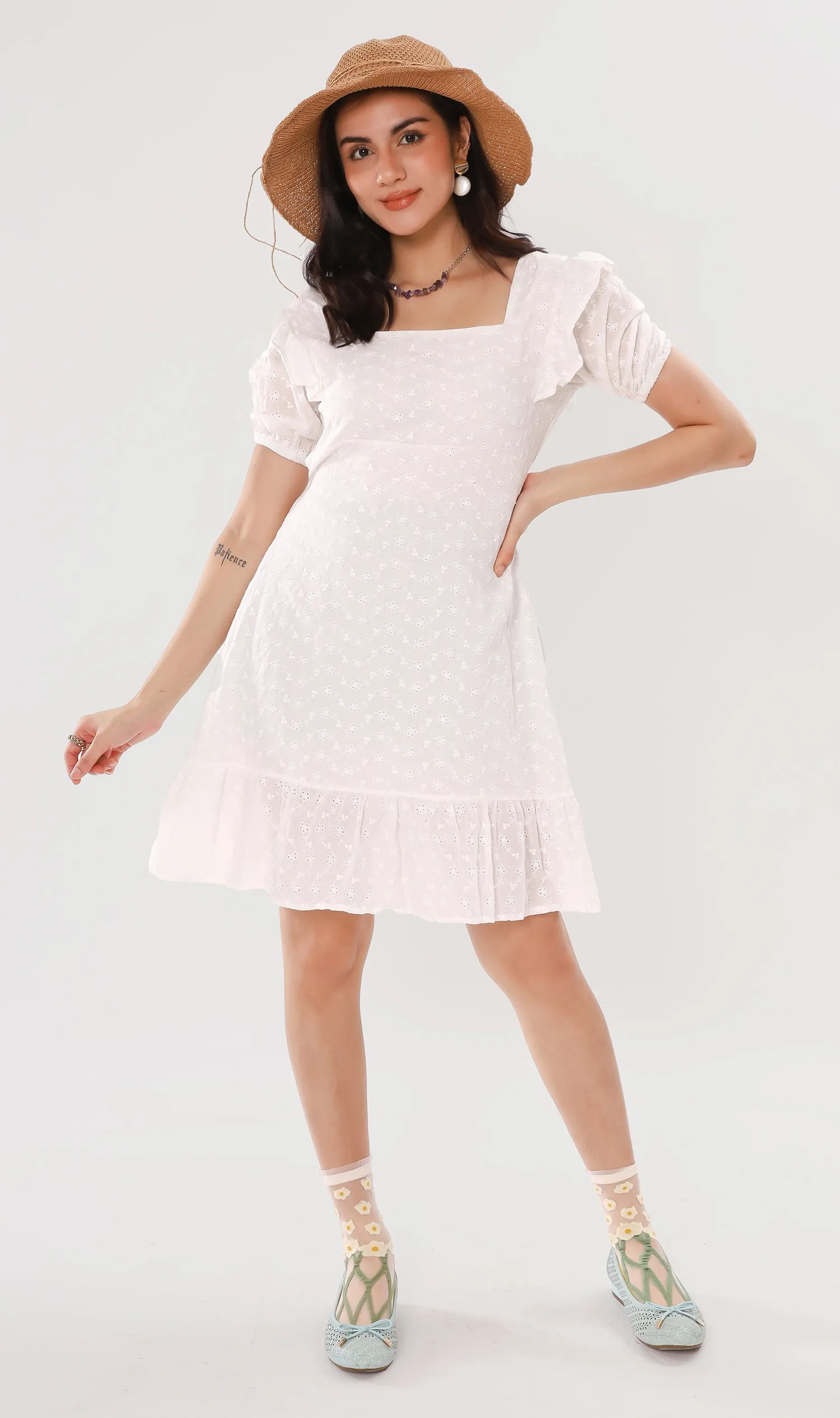 YUKI Ruffled-Sleeve Eyelet Dress