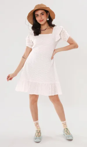 YUKI Ruffled-Sleeve Eyelet Dress