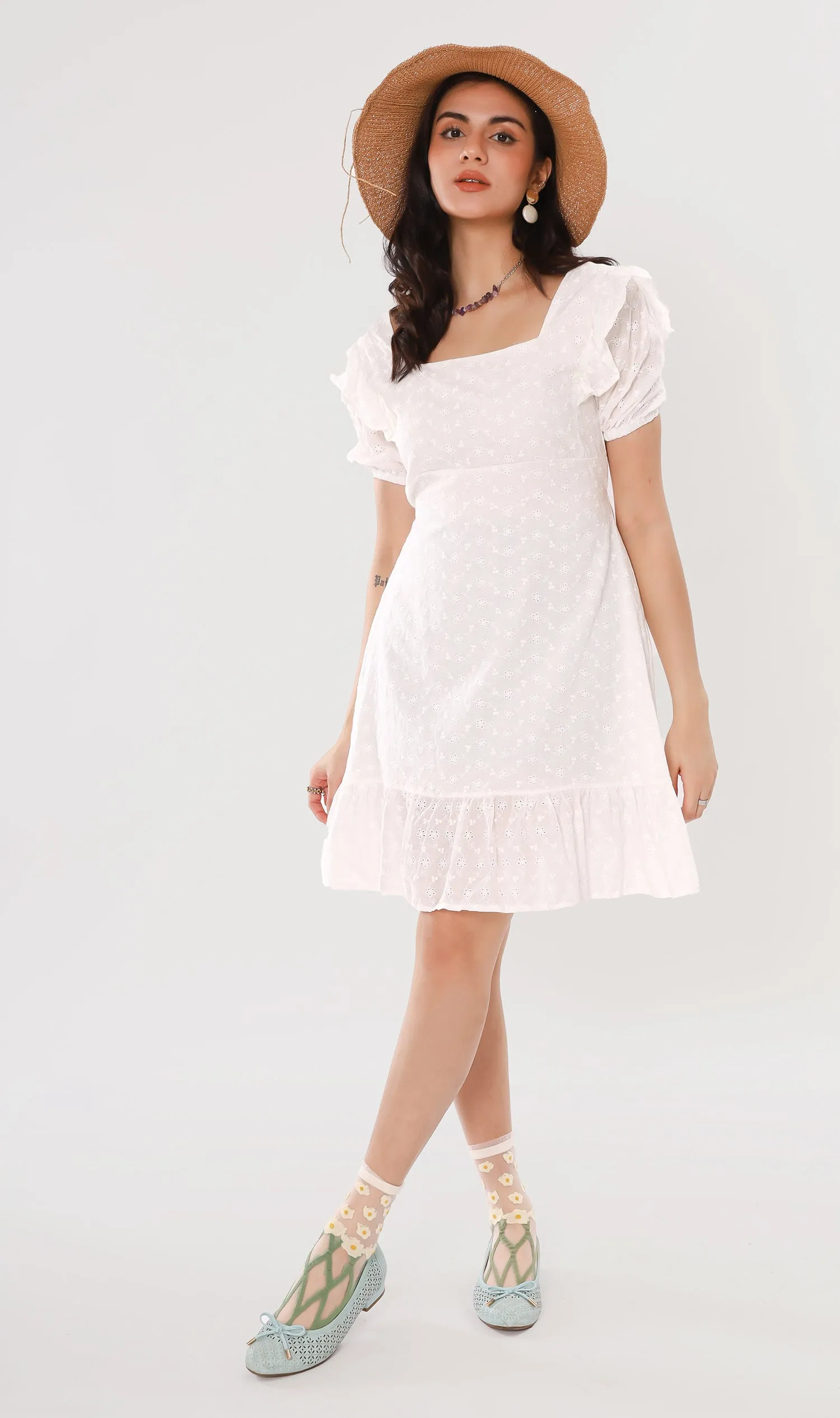 YUKI Ruffled-Sleeve Eyelet Dress