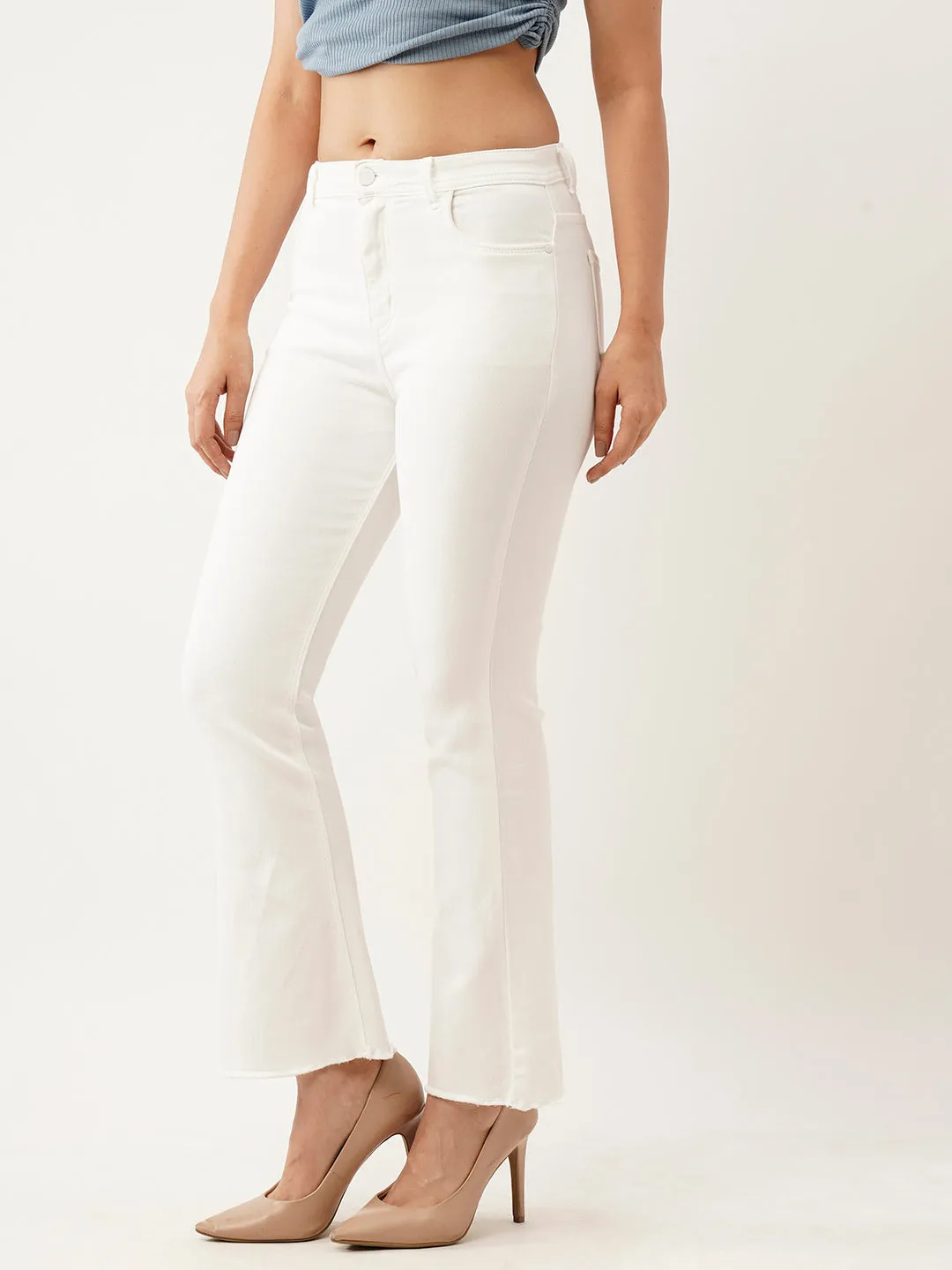 ZOLA Exclusive Ankle Length Denim Stretchable Frayed Hems White Bell Bottom Jeans For Women