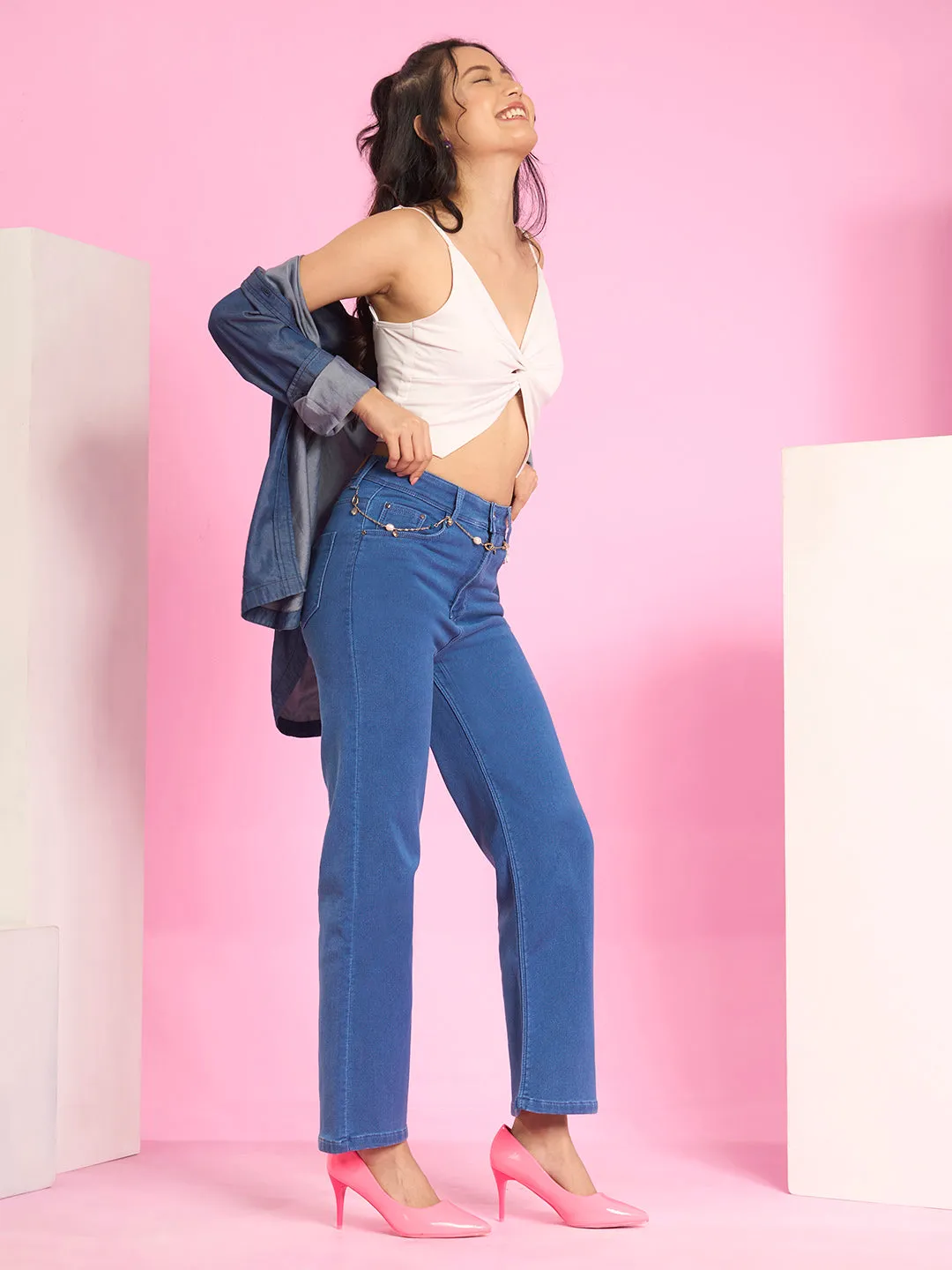 ZOLA Exclusive Denim Clean Look Clean Look Stretchable Stone Blue Flared Jeans For Women