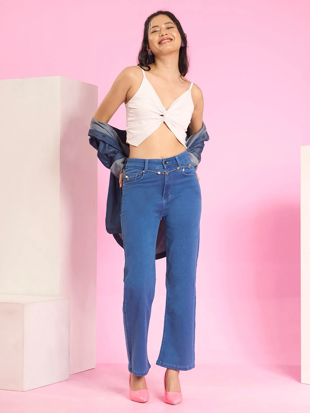 ZOLA Exclusive Denim Clean Look Clean Look Stretchable Stone Blue Flared Jeans For Women